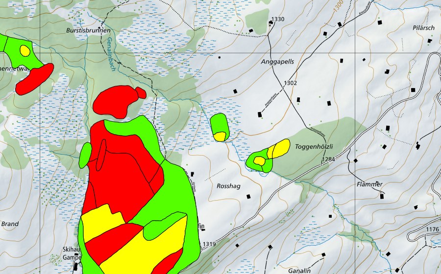 Landeskarte swisstopo mit dem Schutzperimeter von Gamperfin/Turbenriet/Tischenriet/Gapels (Hochmoor)