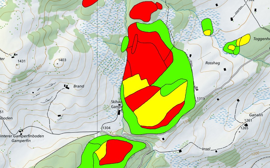 Landeskarte swisstopo mit dem Schutzperimeter von Gamperfin/Turbenriet/Tischenriet/Gapels (Hochmoor)