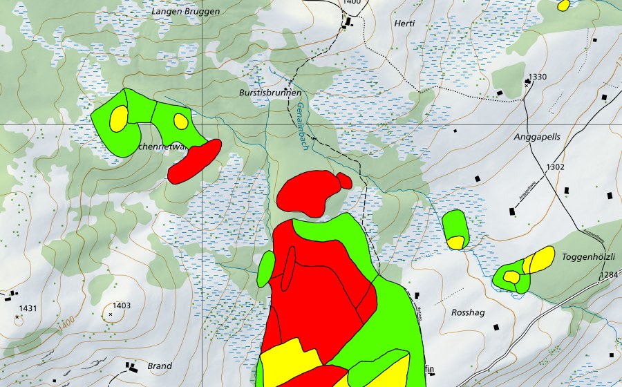 Landeskarte swisstopo mit dem Schutzperimeter von Gamperfin/Turbenriet/Tischenriet/Gapels (Hochmoor)