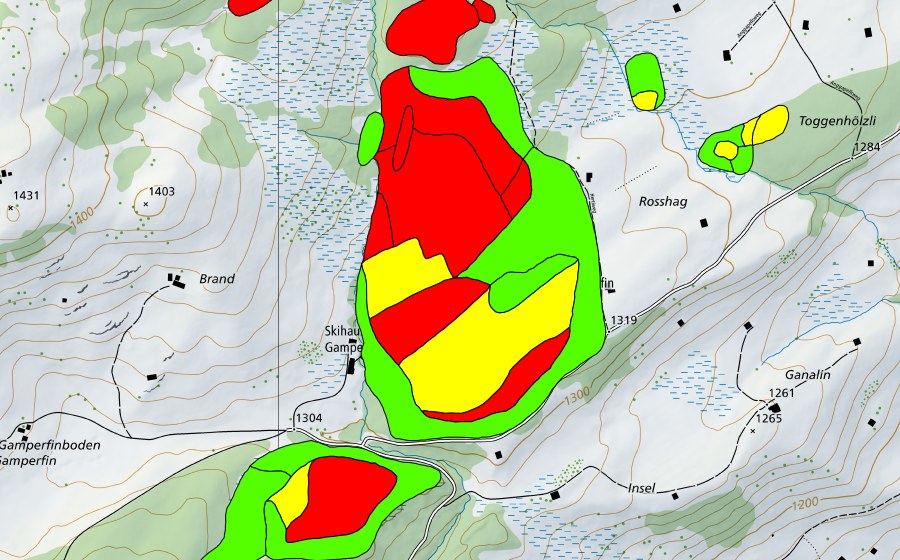 swisstopo national map showing the protected perimeter of Gamperfin/Turbenriet/Tischenriet/Gapels (Raised bog)