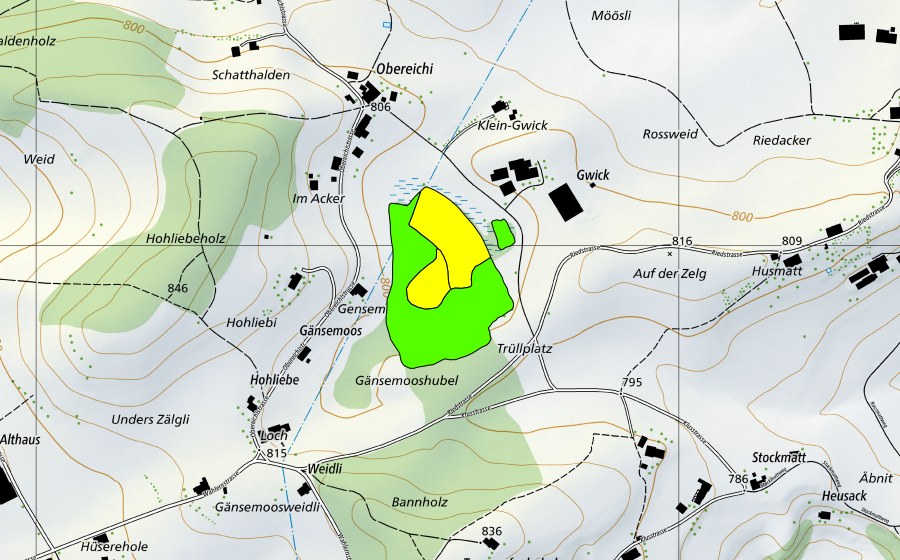 Carte nationale swisstopo avec le périmètre protégé de Gänsenmoos (Haut-marais)