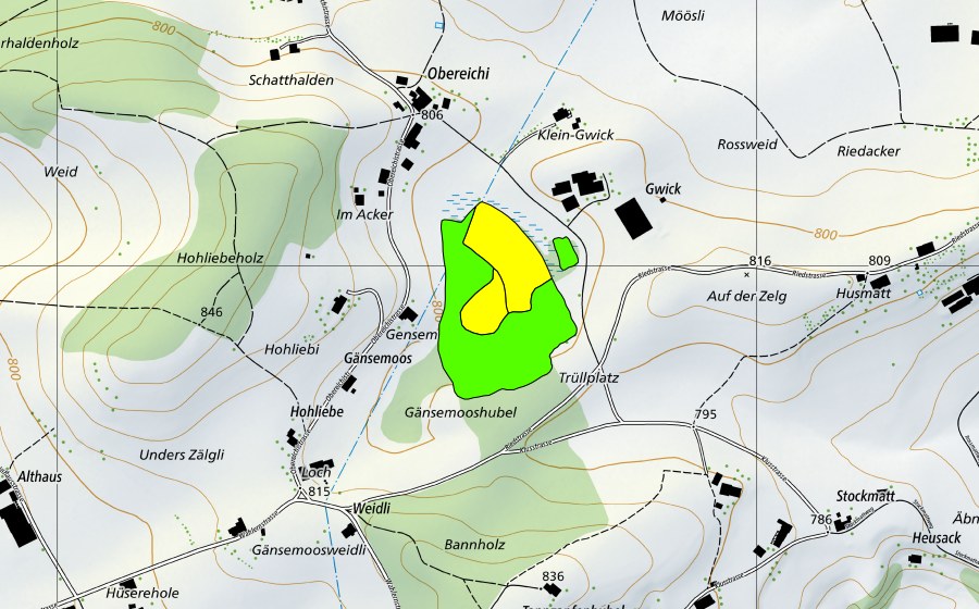 Carte nationale swisstopo avec le périmètre protégé de Gänsenmoos (Haut-marais)