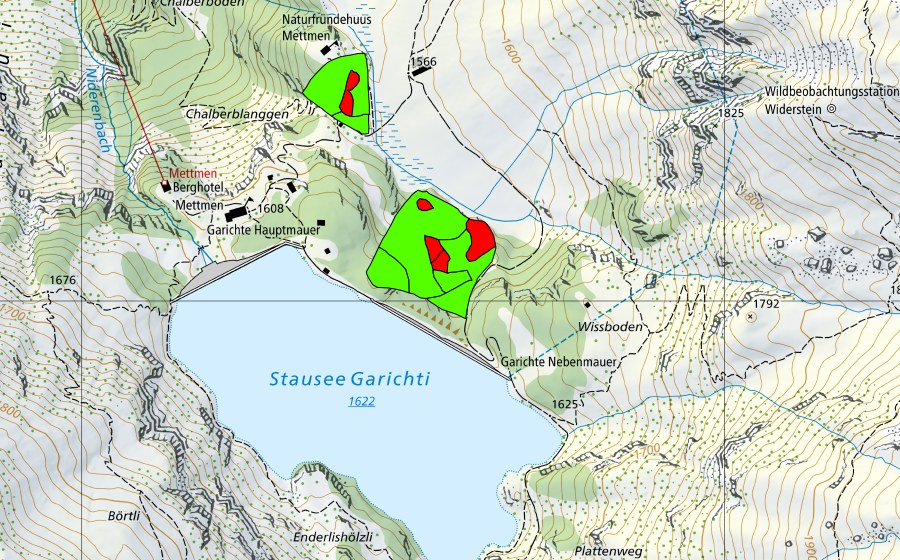 Carte nationale swisstopo avec le périmètre protégé de Garichti (Haut-marais)