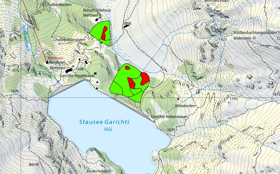 Carte nationale swisstopo avec le périmètre protégé de Garichti (Haut-marais)