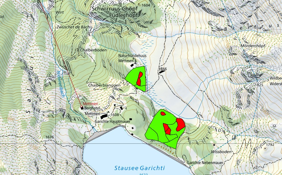 Carte nationale swisstopo avec le périmètre protégé de Garichti (Haut-marais)