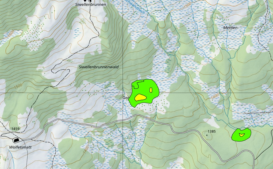 swisstopo national map showing the protected perimeter of Gerenstock (Raised bog)