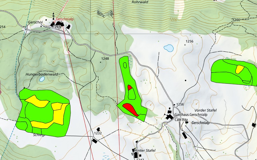 Landeskarte swisstopo mit dem Schutzperimeter von Gerschni (Hochmoor)