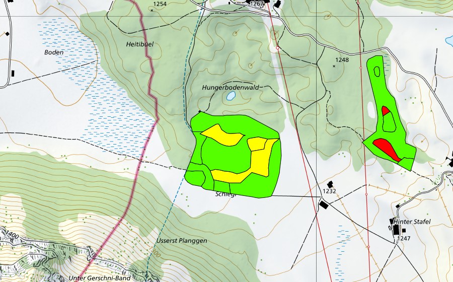 Carte nationale swisstopo avec le périmètre protégé de Gerschni (Haut-marais)