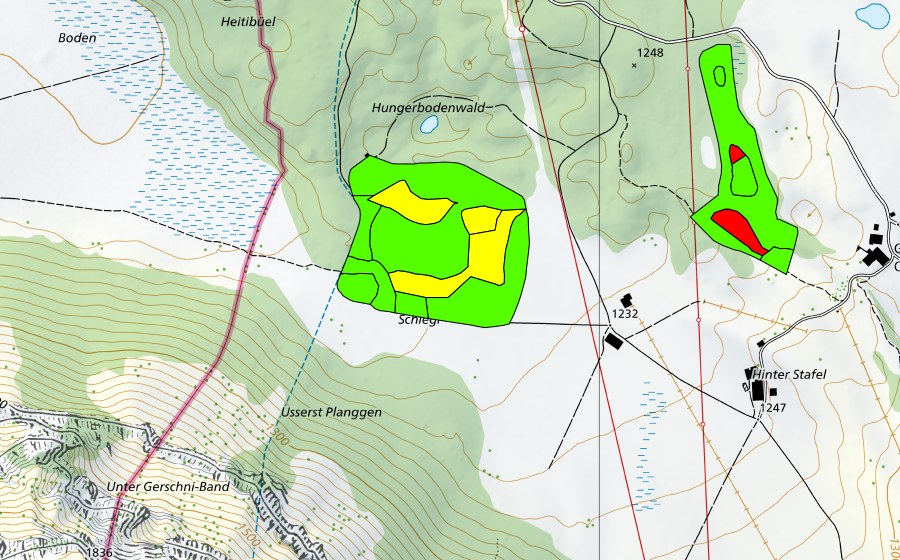 swisstopo national map showing the protected perimeter of Gerschni (Raised bog)