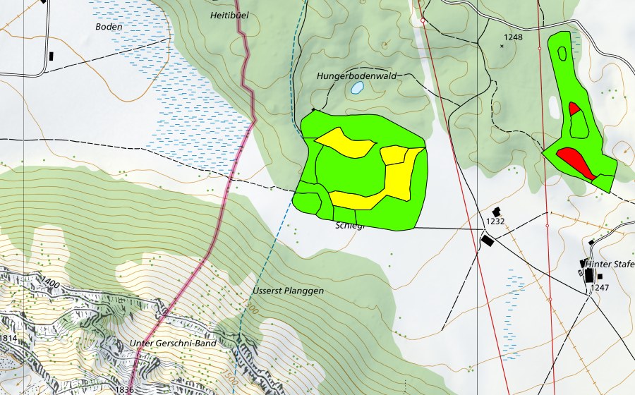 Carte nationale swisstopo avec le périmètre protégé de Gerschni (Haut-marais)