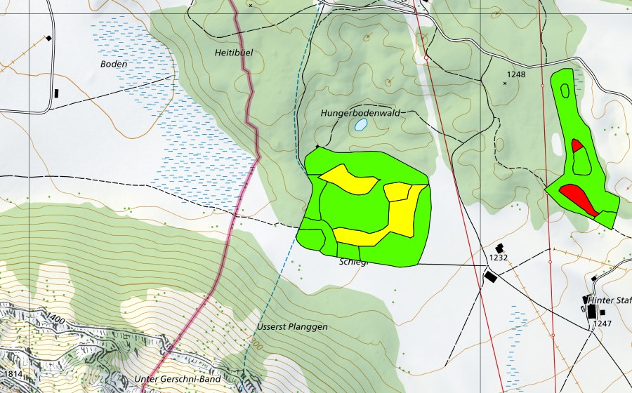 Carte nationale swisstopo avec le périmètre protégé de Gerschni (Haut-marais)