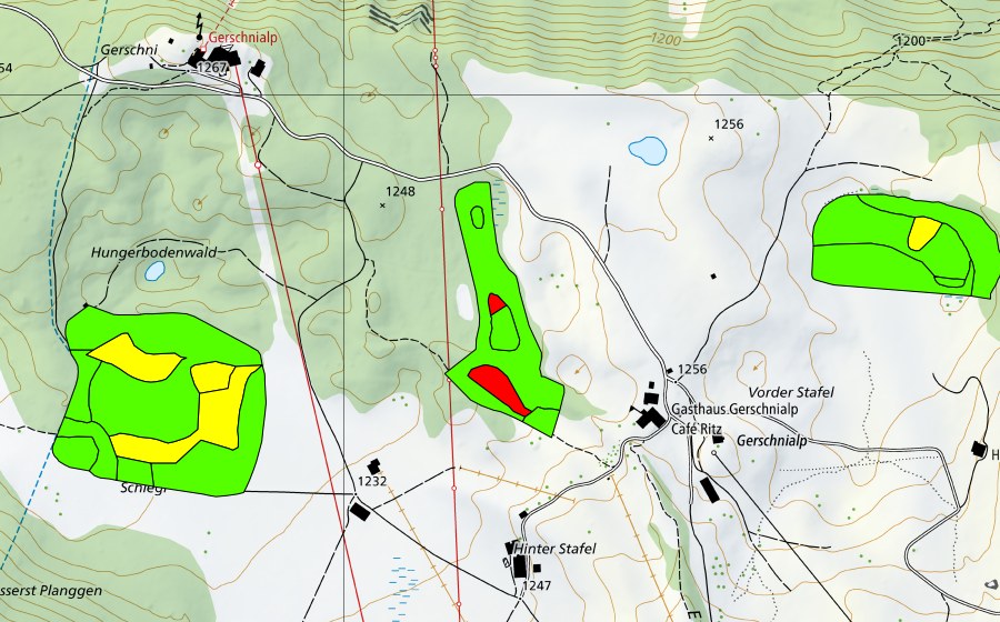 Carte nationale swisstopo avec le périmètre protégé de Gerschni (Haut-marais)