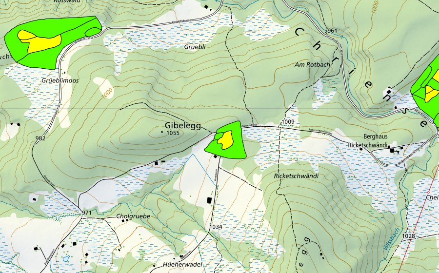 swisstopo national map showing the protected perimeter of Gibelegg (Raised bog)