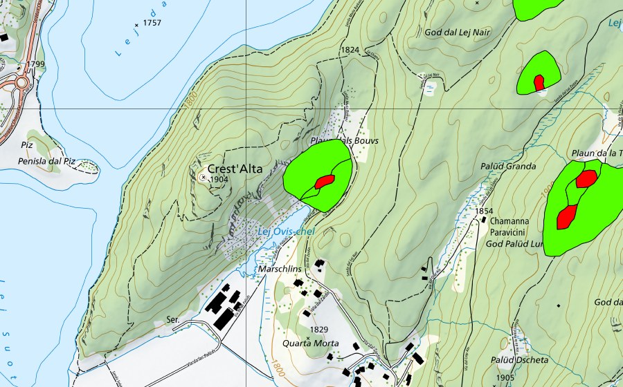 swisstopo national map showing the protected perimeter of God Surlej (Raised bog)