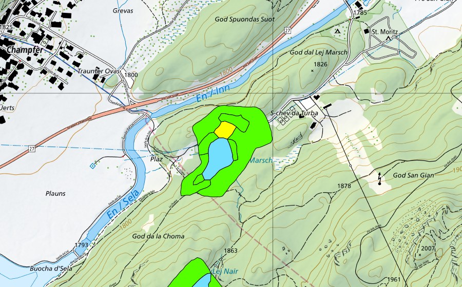 swisstopo national map showing the protected perimeter of God Surlej (Raised bog)