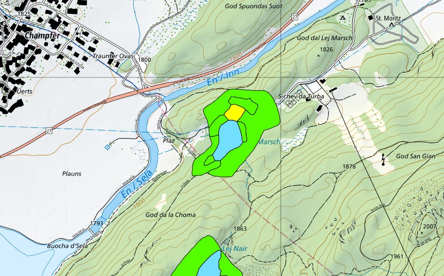 Carte nationale swisstopo avec le périmètre protégé de God Surlej (Haut-marais)