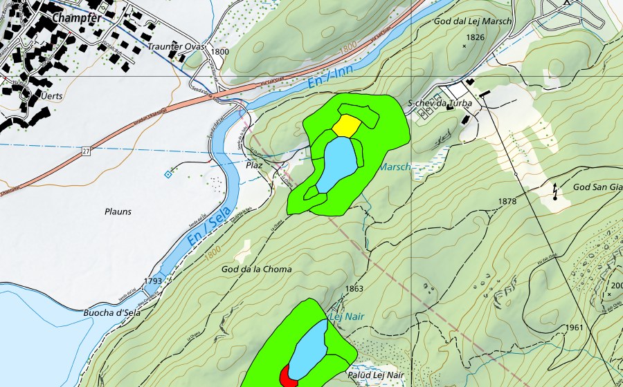 swisstopo national map showing the protected perimeter of God Surlej (Raised bog)