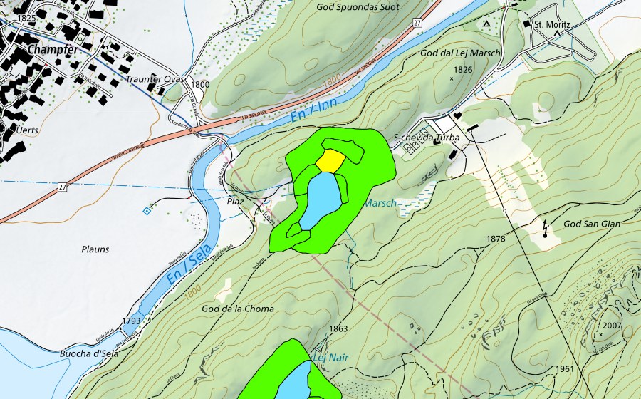 swisstopo national map showing the protected perimeter of God Surlej (Raised bog)