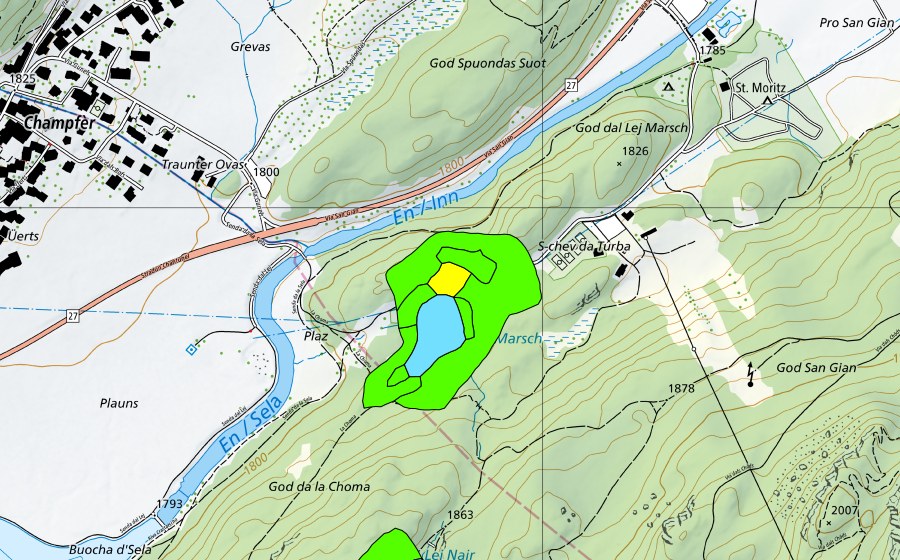 Landeskarte swisstopo mit dem Schutzperimeter von God Surlej (Hochmoor)