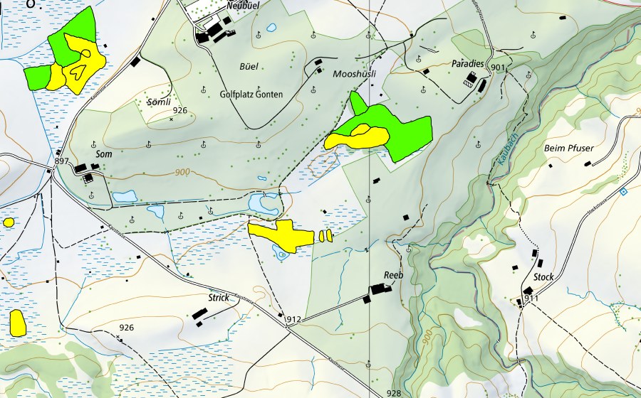 Carte nationale swisstopo avec le périmètre protégé de Gontenmoos (Haut-marais)
