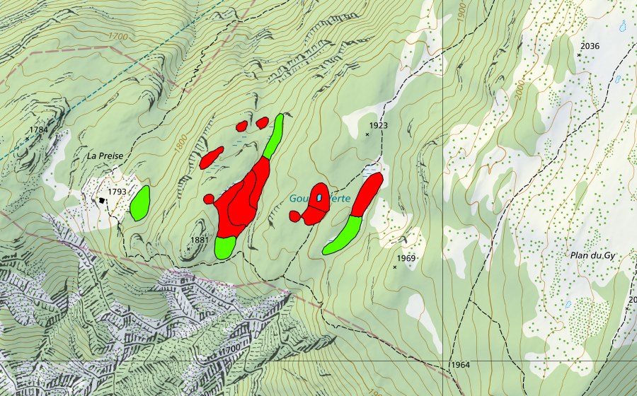 Carte nationale swisstopo avec le périmètre protégé de Gouille Verte (Haut-marais)