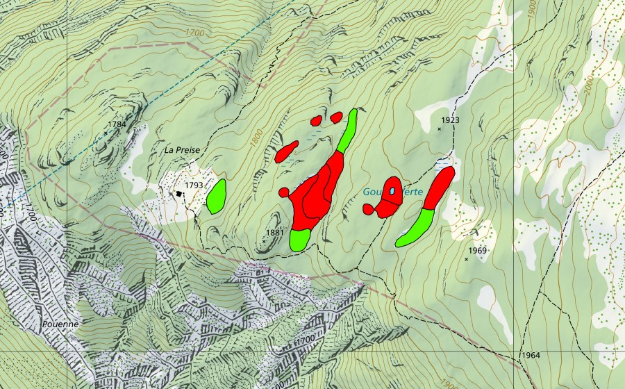 Carte nationale swisstopo avec le périmètre protégé de Gouille Verte (Haut-marais)