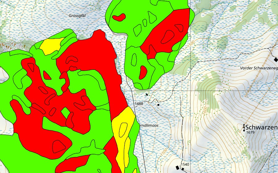 Carte nationale swisstopo avec le périmètre protégé de Gross Gfäl (Haut-marais)