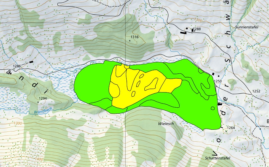 Carta nazionale swisstopo con il perimetro protetto di Gross Moos im Schwendital (Torbiera alta)