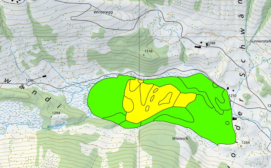 swisstopo national map showing the protected perimeter of Gross Moos im Schwendital (Raised bog)