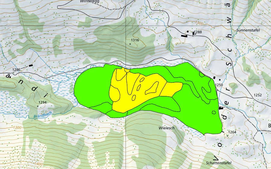 Carte nationale swisstopo avec le périmètre protégé de Gross Moos im Schwendital (Haut-marais)