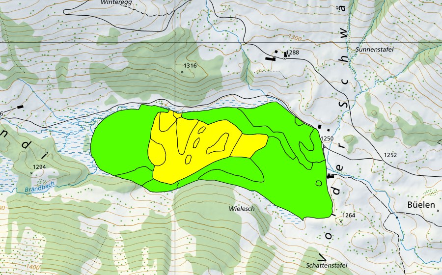 swisstopo national map showing the protected perimeter of Gross Moos im Schwendital (Raised bog)