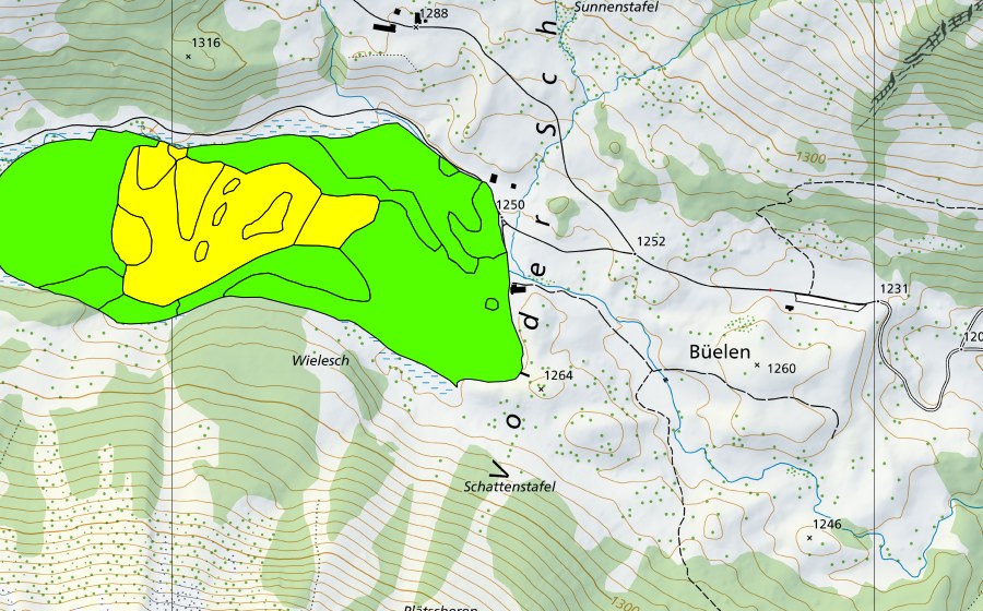 Carta nazionale swisstopo con il perimetro protetto di Gross Moos im Schwendital (Torbiera alta)