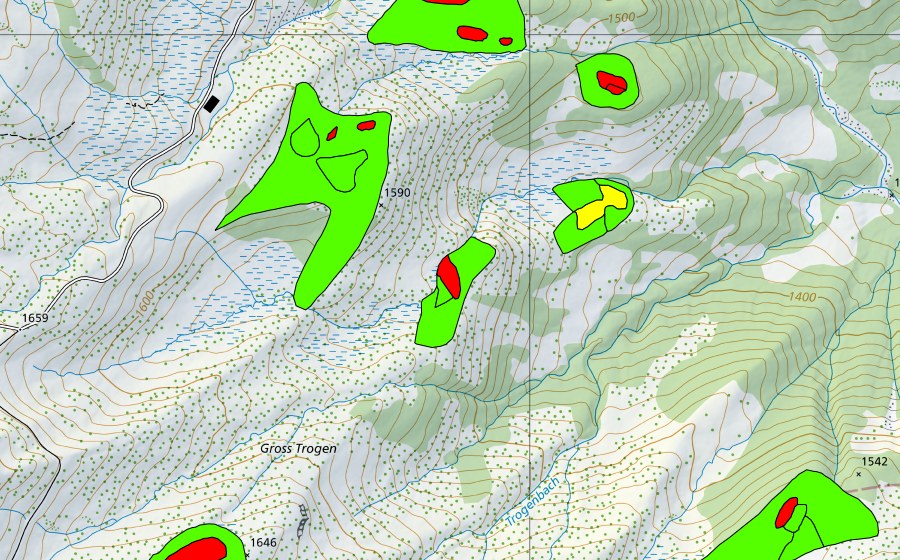 swisstopo national map showing the protected perimeter of Gross Trogen (Raised bog)