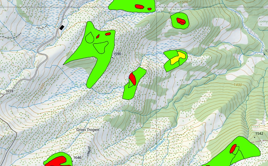 Carte nationale swisstopo avec le périmètre protégé de Gross Trogen (Haut-marais)