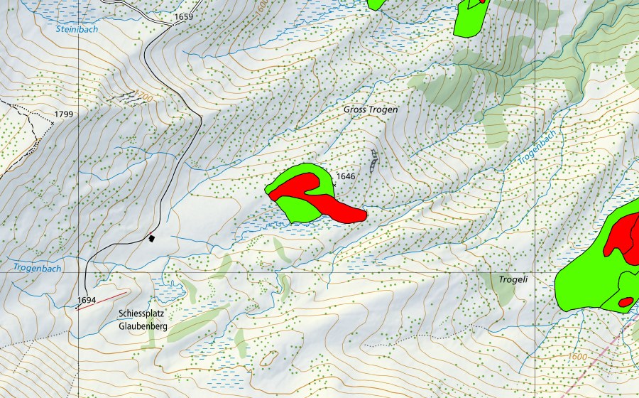 Carte nationale swisstopo avec le périmètre protégé de Gross Trogen (Haut-marais)