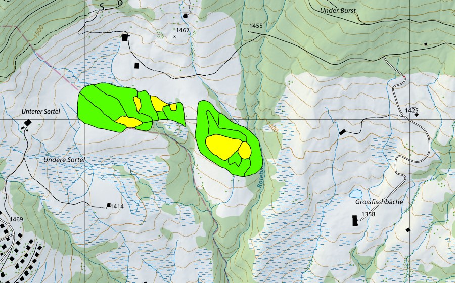 Carte nationale swisstopo avec le périmètre protégé de Grossfischbächen (Haut-marais)
