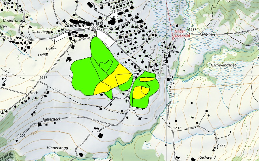 Landeskarte swisstopo mit dem Schutzperimeter von Grossriet/Arvenbüel (Hochmoor)