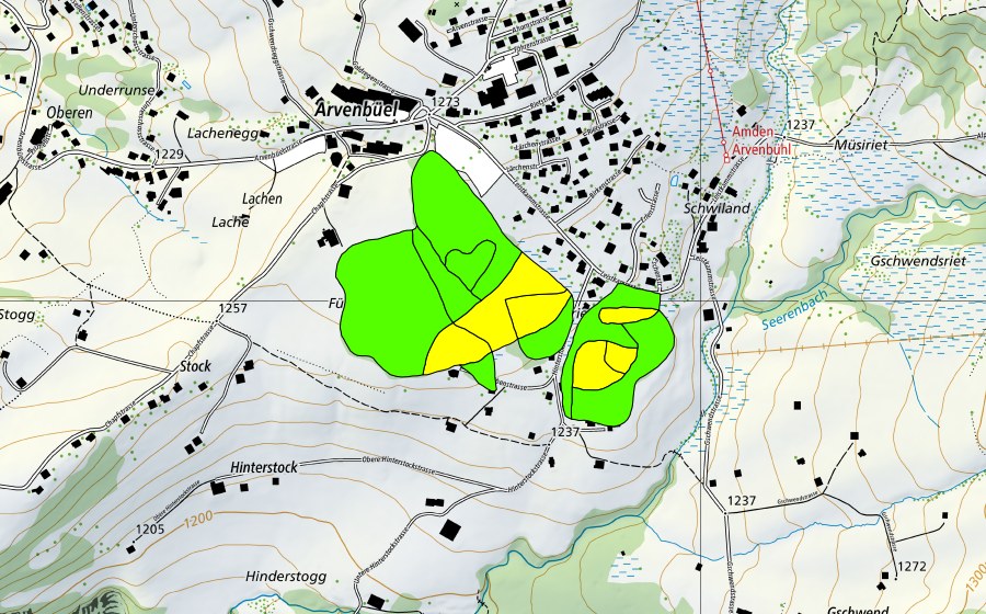 Carte nationale swisstopo avec le périmètre protégé de Grossriet/Arvenbüel (Haut-marais)