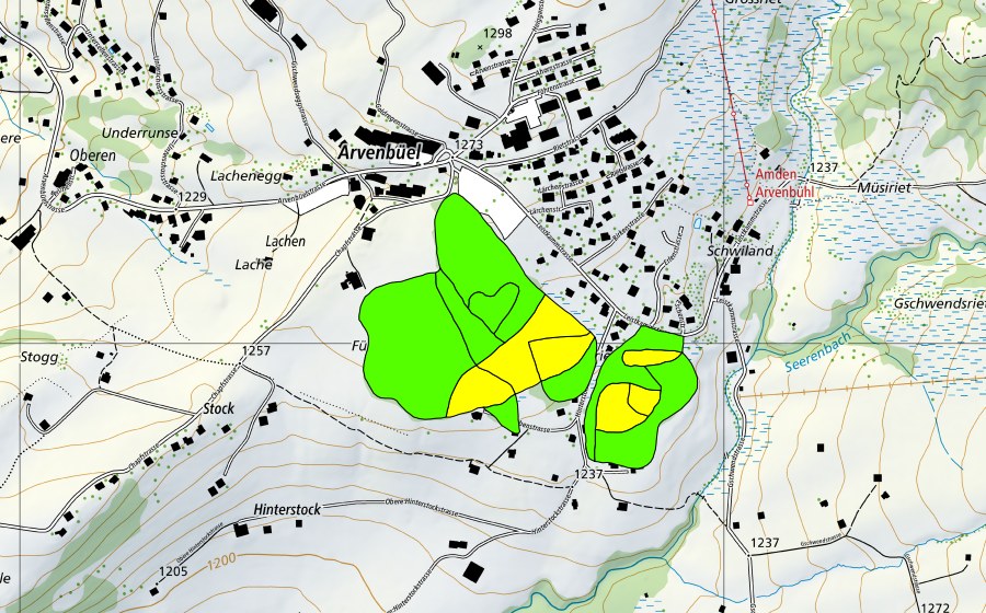 Landeskarte swisstopo mit dem Schutzperimeter von Grossriet/Arvenbüel (Hochmoor)