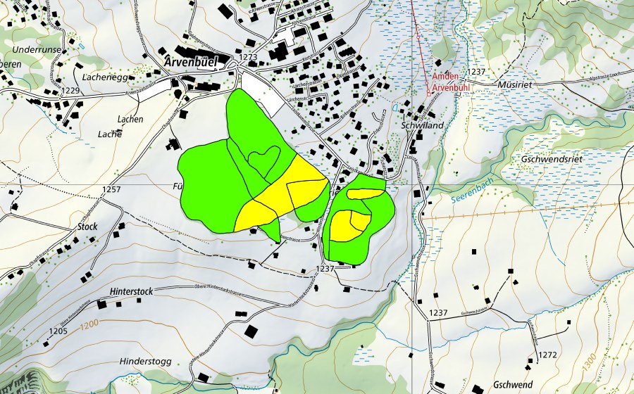 Landeskarte swisstopo mit dem Schutzperimeter von Grossriet/Arvenbüel (Hochmoor)