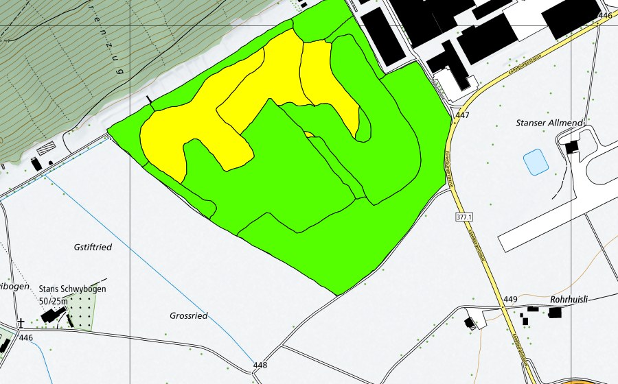 swisstopo national map showing the protected perimeter of Grossriet/Gnappiriet (Raised bog)