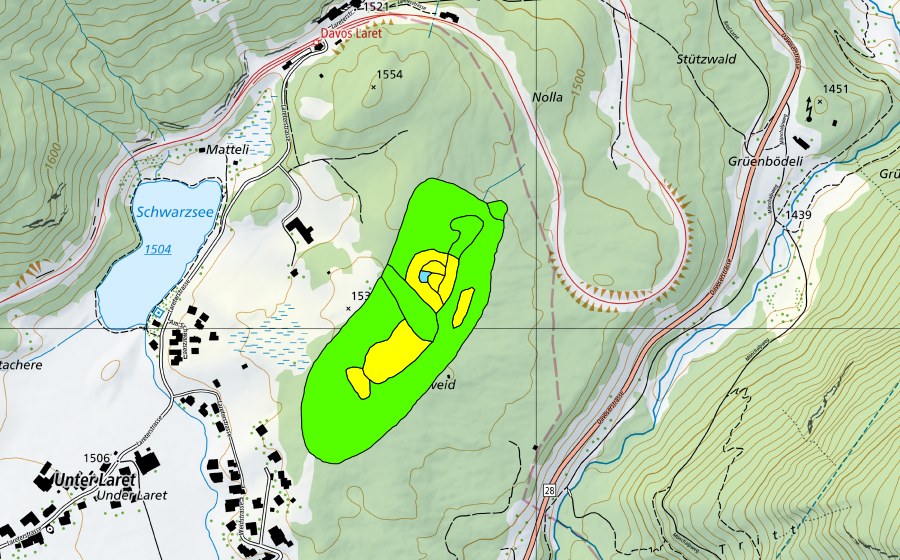 Landeskarte swisstopo mit dem Schutzperimeter von Grossweid bei Laret (Hochmoor)