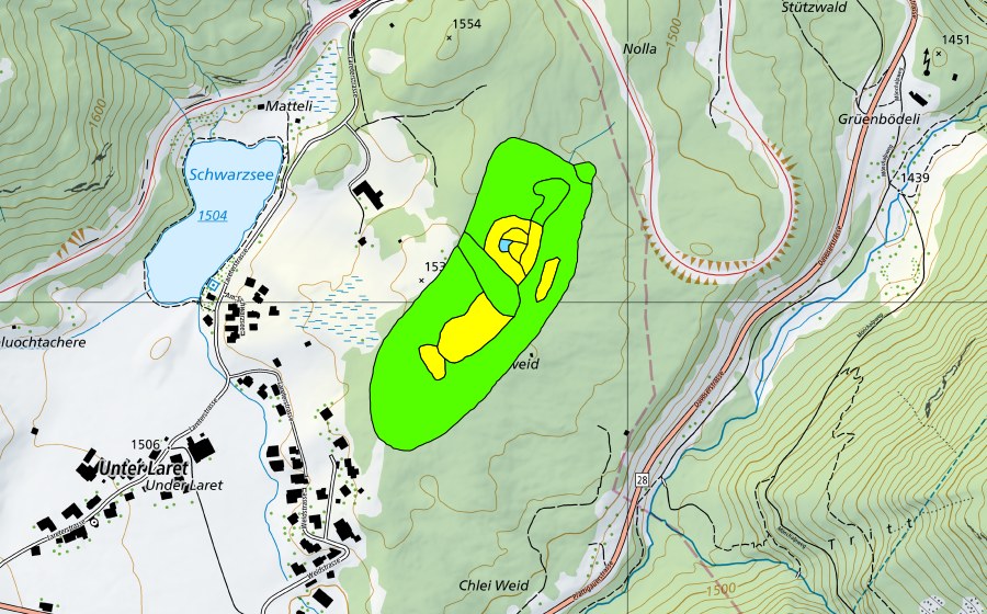 Carte nationale swisstopo avec le périmètre protégé de Grossweid bei Laret (Haut-marais)