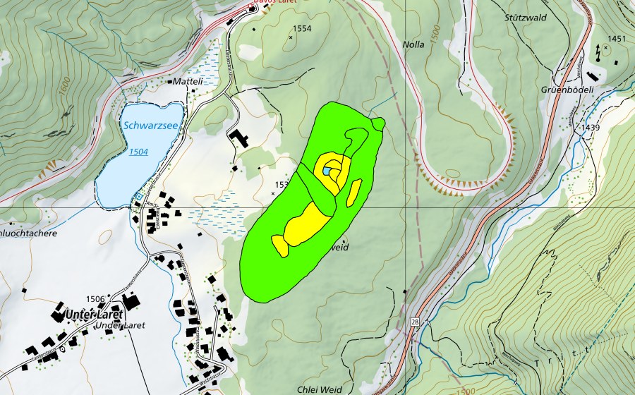 Landeskarte swisstopo mit dem Schutzperimeter von Grossweid bei Laret (Hochmoor)