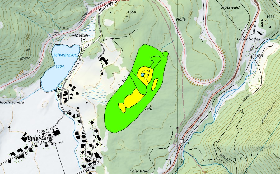 Landeskarte swisstopo mit dem Schutzperimeter von Grossweid bei Laret (Hochmoor)