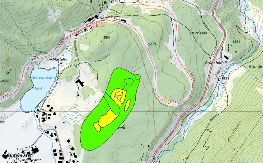 Carte nationale swisstopo avec le périmètre protégé de Grossweid bei Laret (Haut-marais)