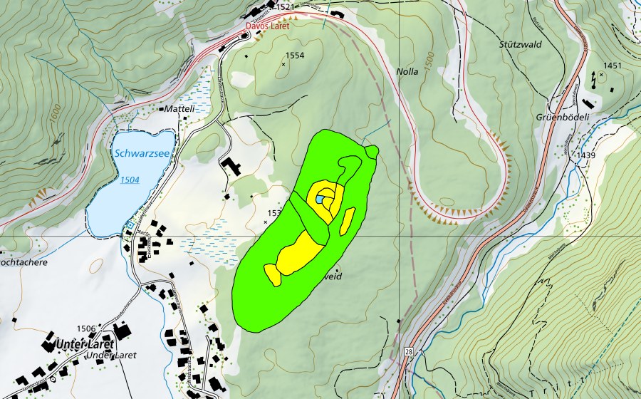 Carte nationale swisstopo avec le périmètre protégé de Grossweid bei Laret (Haut-marais)