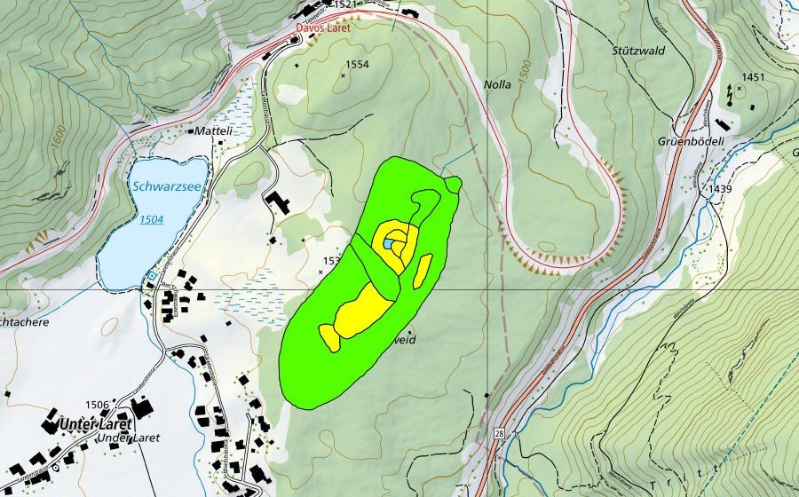 Carte nationale swisstopo avec le périmètre protégé de Grossweid bei Laret (Haut-marais)