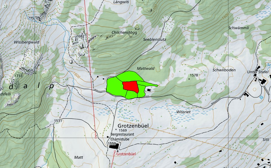 Carte nationale swisstopo avec le périmètre protégé de Grotzenbüel (Braunwald) (Haut-marais)