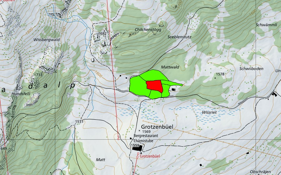 Carte nationale swisstopo avec le périmètre protégé de Grotzenbüel (Braunwald) (Haut-marais)